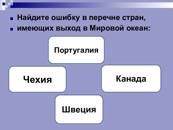 Найдите ошибку в перечне стран, имеющих выход в Мировой океан: Чехия Португалия Канада Швеция