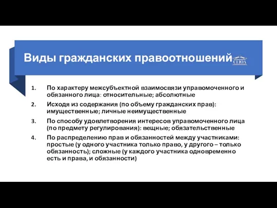 Виды гражданских правоотношений По характеру межсубъектной взаимосвязи управомоченного и обязанного лица: относительные;