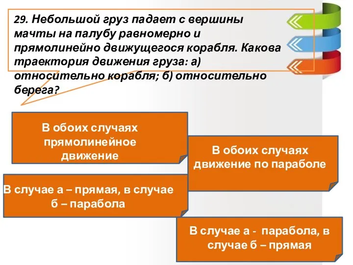 29. Небольшой груз падает с вершины мачты на палубу равномерно и прямолинейно