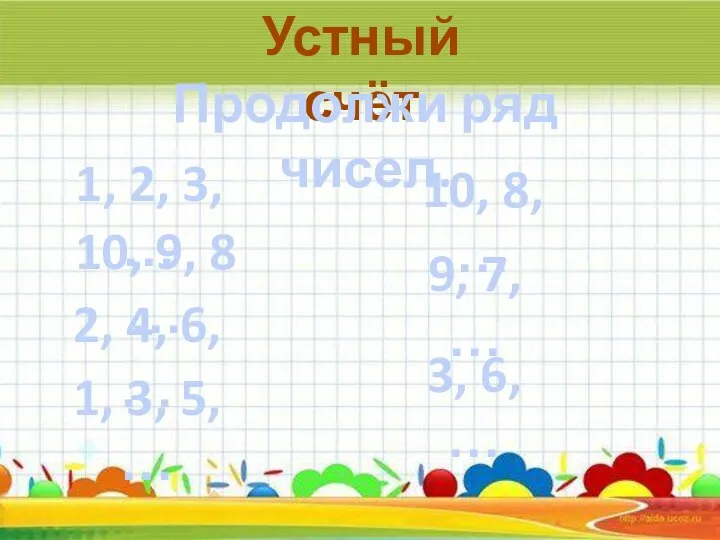 Устный счёт Продолжи ряд чисел. 1, 2, 3, … 10, 9, 8