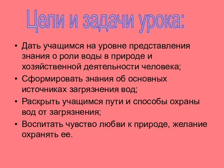 Дать учащимся на уровне представления знания о роли воды в природе и