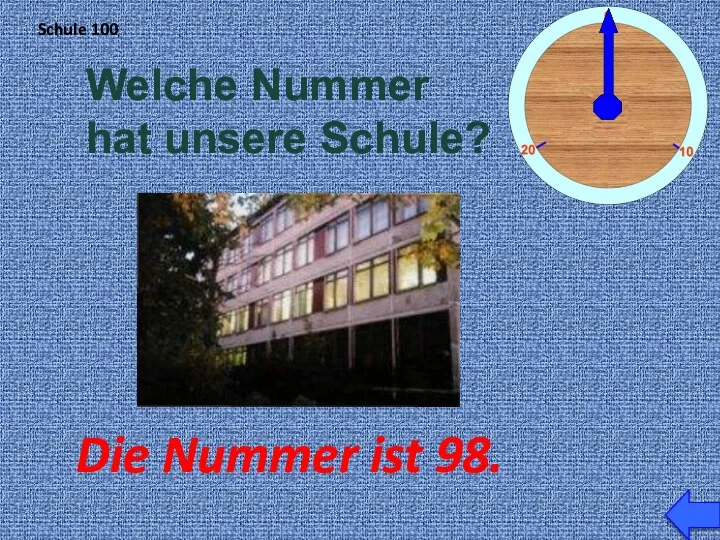 Schule 100 Die Nummer ist 98. Welche Nummer hat unsere Schule?