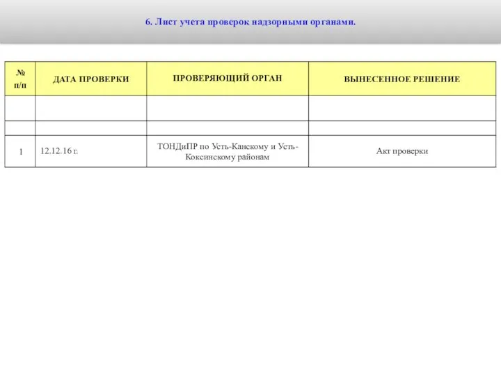 6. Лист учета проверок надзорными органами.