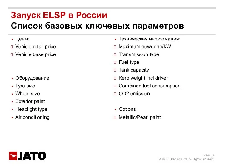 Запуск ELSP в России Список базовых ключевых параметров Цены: Vehicle retail price