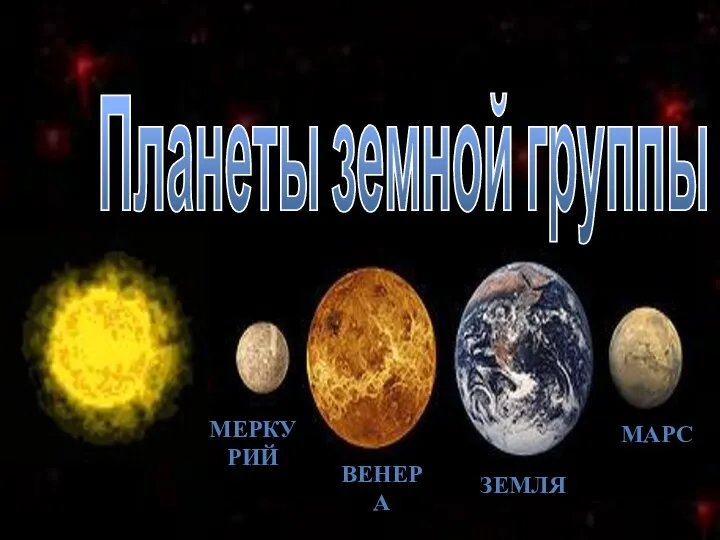 Планеты земной группы ЗЕМЛЯ МЕРКУРИЙ ВЕНЕРА МАРС
