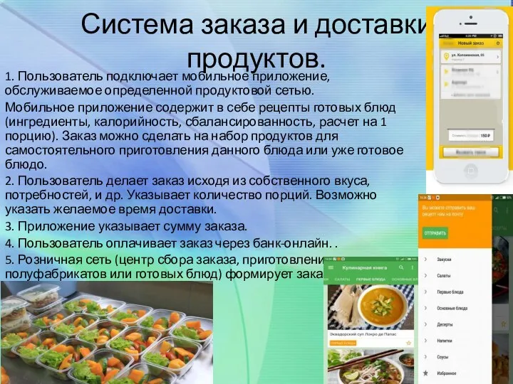 Система заказа и доставки продуктов. 1. Пользователь подключает мобильное приложение, обслуживаемое определенной