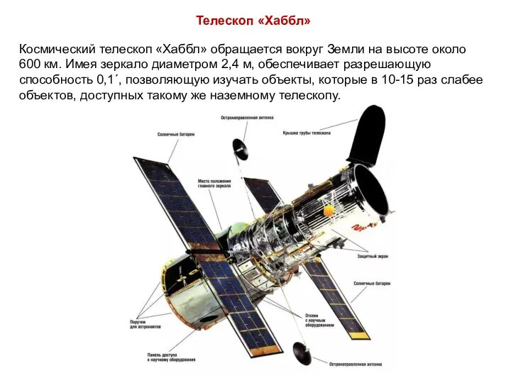 Телескоп «Хаббл» Космический телескоп «Хаббл» обращается вокруг Земли на высоте около 600