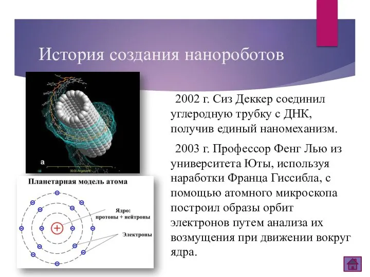История создания нанороботов 2002 г. Сиз Деккер соединил углеродную трубку с ДНК,