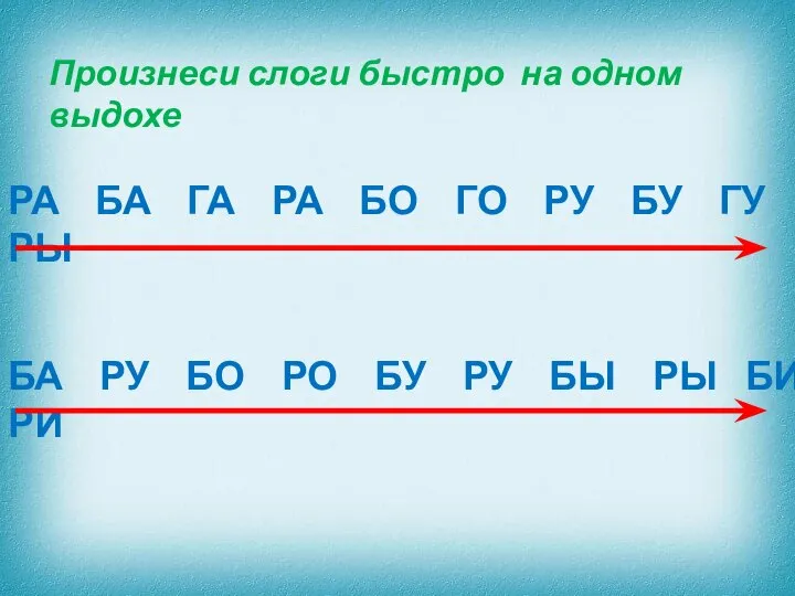 Произнеси слоги быстро на одном выдохе РА БА ГА РА БО ГО