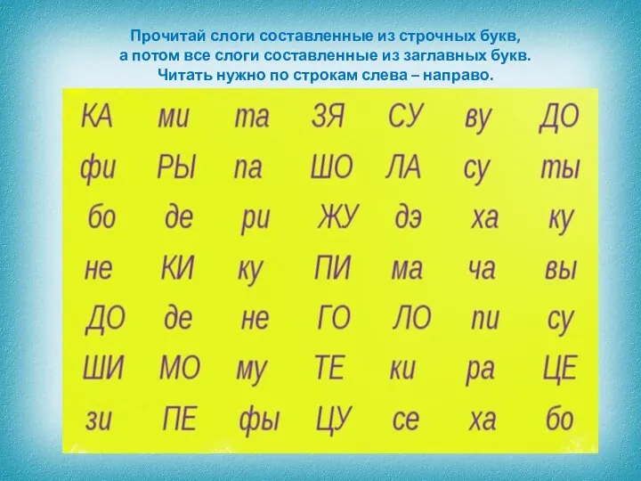 Прочитай слоги составленные из строчных букв, а потом все слоги составленные из