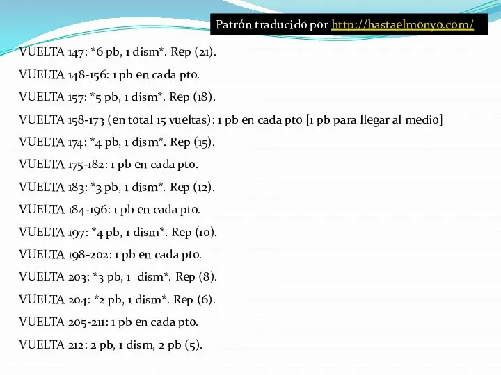 Patrón traducido por http://hastaelmonyo.com/ VUELTA 147: *6 pb, 1 dism*. Rep (21).