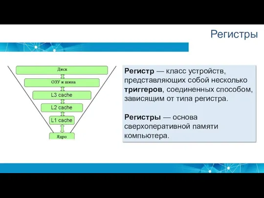 Регистры Регистр — класс устройств, представляющих собой несколько триггеров, соединенных способом, зависящим