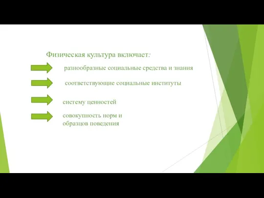 Физическая культура включает: разнообразные социальные средства и знания соответствующие социальные институты систему