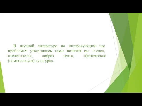 В научной литературе по интересующим нас проблемам утвердились такие понятия как «тело»,