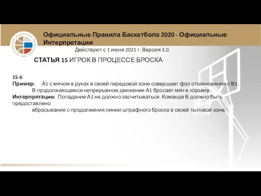 Официальные Правила Баскетбола 2020 - Официальные Интерпретации Действуют с 1 июня 2021