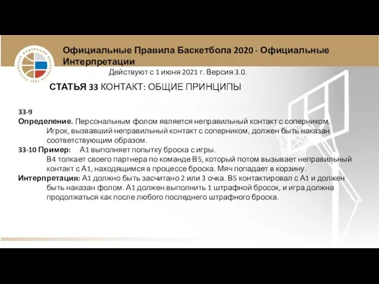 Официальные Правила Баскетбола 2020 - Официальные Интерпретации Действуют с 1 июня 2021