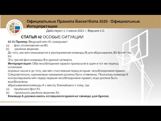 Официальные Правила Баскетбола 2020 - Официальные Интерпретации Действуют с 1 июня 2021