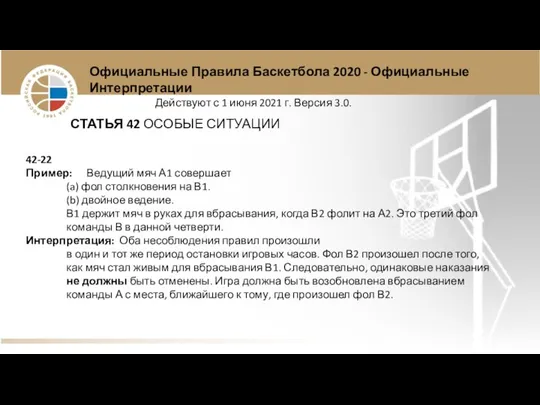 Официальные Правила Баскетбола 2020 - Официальные Интерпретации Действуют с 1 июня 2021