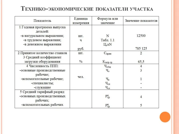 Технико-экономические показатели участка