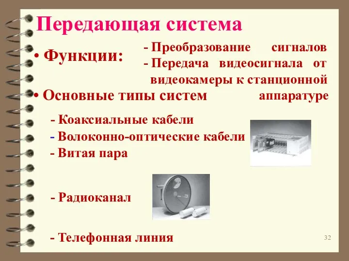 Передающая система Основные типы систем Функции: - Преобразование сигналов - Передача видеосигнала