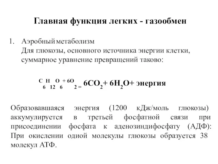 Главная функция легких - газообмен Аэробный метаболизм Для глюкозы, основного источника энергии