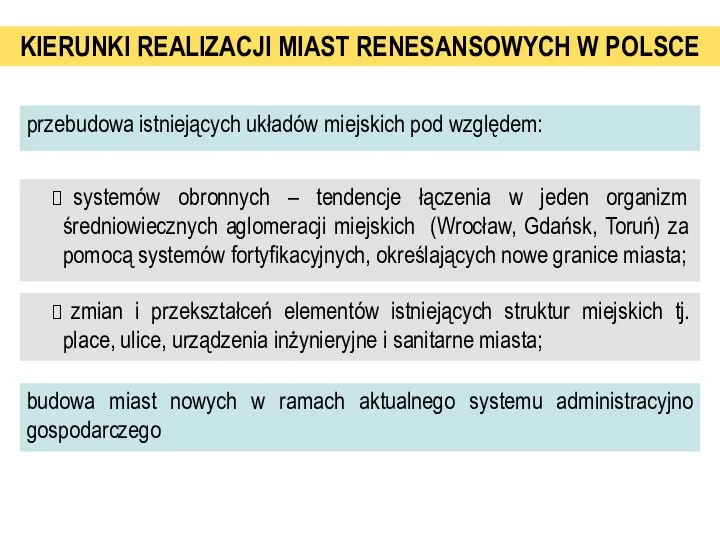 KIERUNKI REALIZACJI MIAST RENESANSOWYCH W POLSCE przebudowa istniejących układów miejskich pod względem: