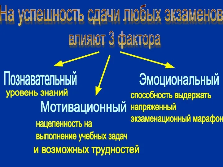 На успешность сдачи любых экзаменов влияют 3 фактора Познавательный Мотивационный Эмоциональный уровень