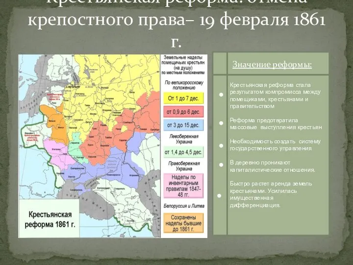 Крестьянская реформа: отмена крепостного права– 19 февраля 1861 г. Значение реформы: Крестьянская