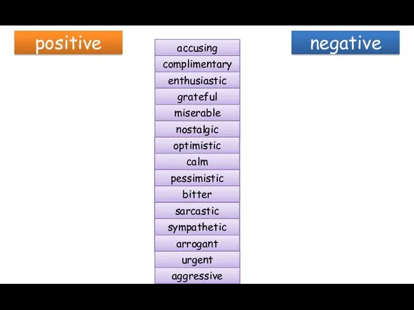 positive negative accusing complimentary enthusiastic grateful miserable nostalgic optimistic calm pessimistic bitter