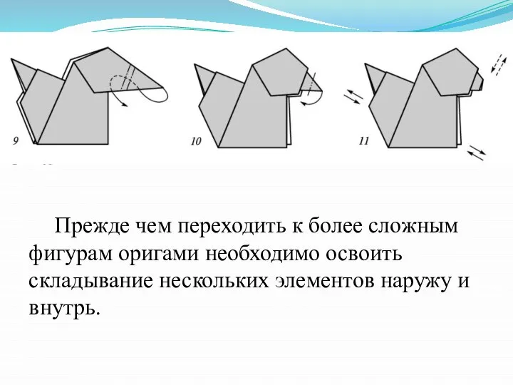 Прежде чем переходить к более сложным фигурам оригами необходимо освоить складывание нескольких элементов наружу и внутрь.
