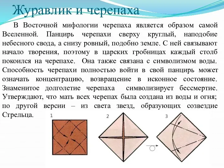 Журавлик и черепаха В Восточной мифологии черепаха является образом самой Вселенной. Панцирь