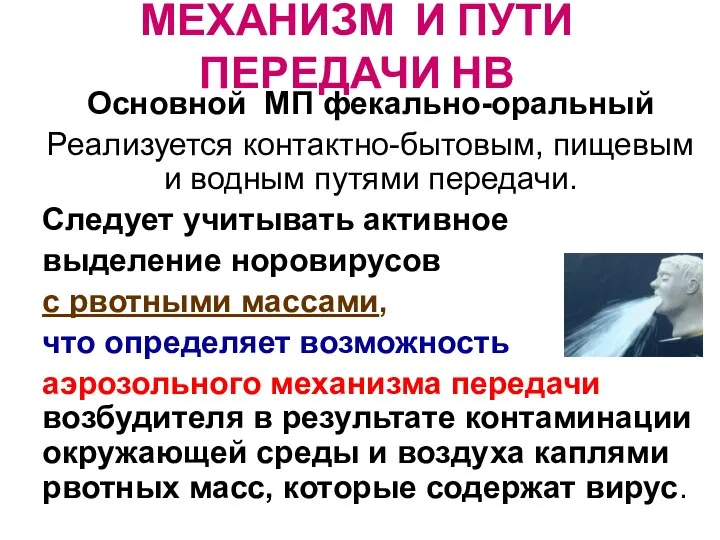 МЕХАНИЗМ И ПУТИ ПЕРЕДАЧИ НВ Основной МП фекально-оральный Реализуется контактно-бытовым, пищевым и