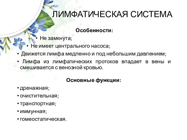 ЛИМФАТИЧЕСКАЯ СИСТЕМА Особенности: Не замкнута; Не имеет центрального насоса; Движется лимфа медленно