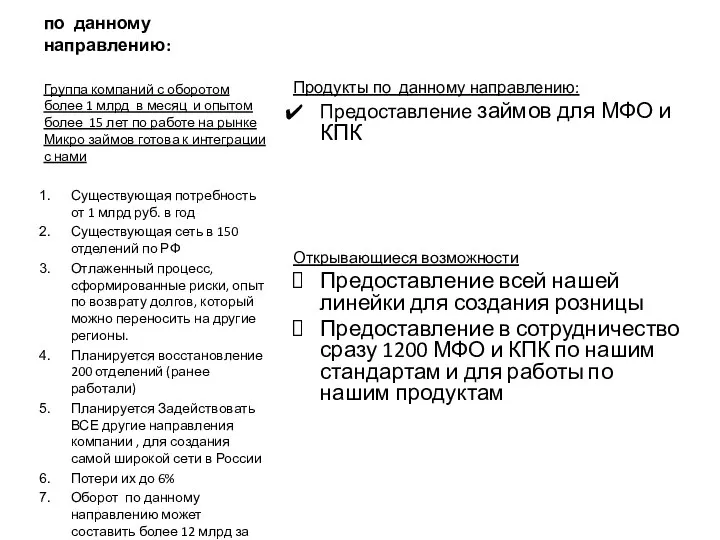 по данному направлению: Продукты по данному направлению: Предоставление займов для МФО и