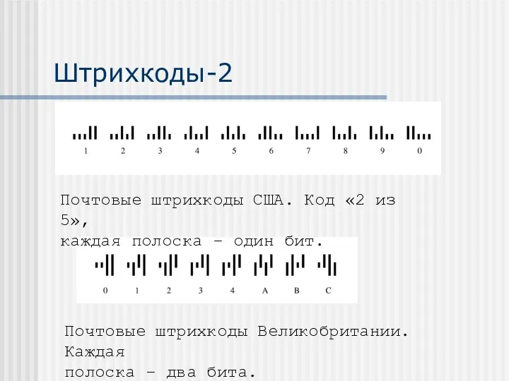 Штрихкоды-2 Почтовые штрихкоды США. Код «2 из 5», каждая полоска – один