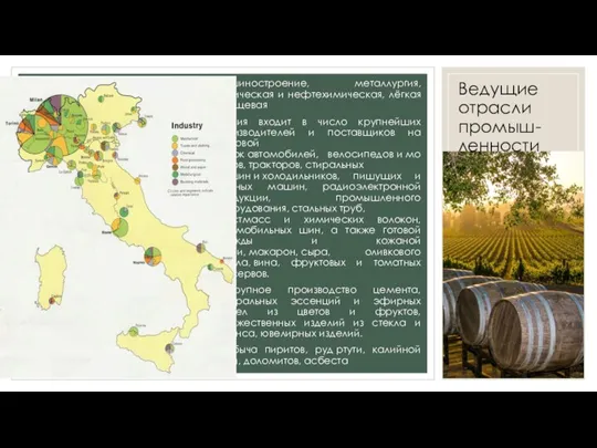 Ведущие отрасли промыш- ленности Машиностроение, металлургия, химическая и нефтехимическая, лёгкая и пищевая