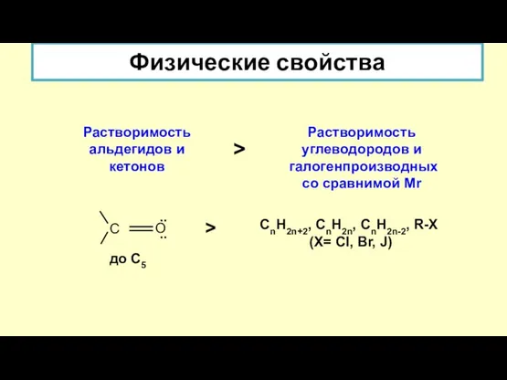 Растворимость альдегидов и кетонов > до С5 СnH2n+2, CnH2n, CnH2n-2, R-X (X=
