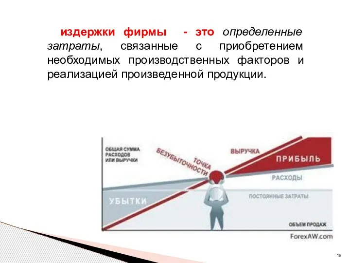 издержки фирмы - это определенные затраты, связанные с приобретением необходимых производственных факторов и реализацией произведенной продукции.