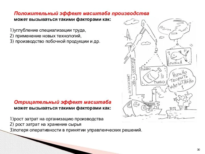 Положительный эффект масштаба производства может вызываться такими факторами как: углубление специализации труда,