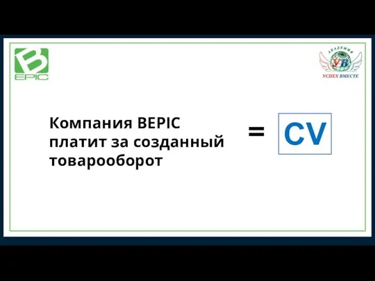 Компания BEPIC платит за созданный товарооборот CV =