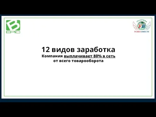 12 видов заработка Компания выплачивает 80% в сеть от всего товарооборота