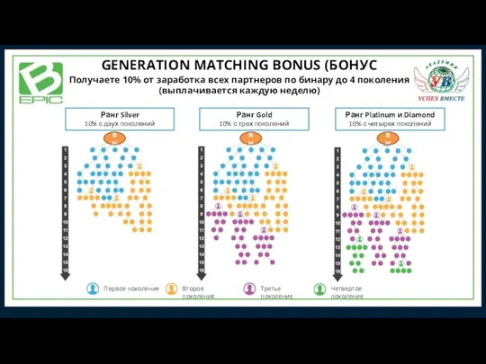 GENERATION MATCHING BONUS (БОНУС ПОКОЛЕНИЯ) Получаете 10% от заработка всех партнеров по