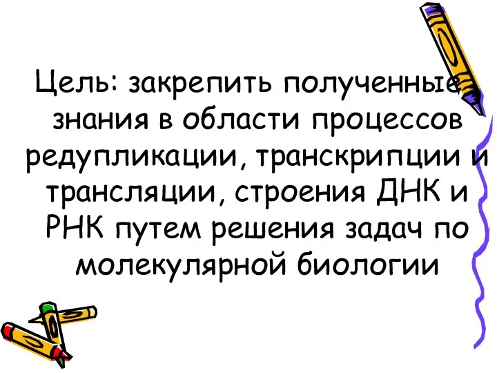 Цель: закрепить полученные знания в области процессов редупликации, транскрипции и трансляции, строения