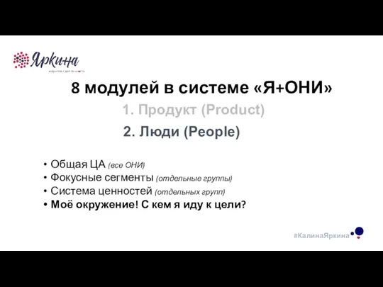 ТЕКСТ ТЕКСТ ТЕКСТ 8 модулей в системе «Я+ОНИ» 1. Продукт (Product) 2.