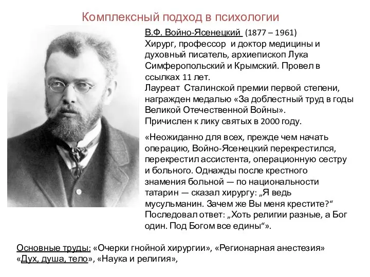 В.Ф. Войно-Ясенецкий (1877 – 1961) Хирург, профессор и доктор медицины и духовный