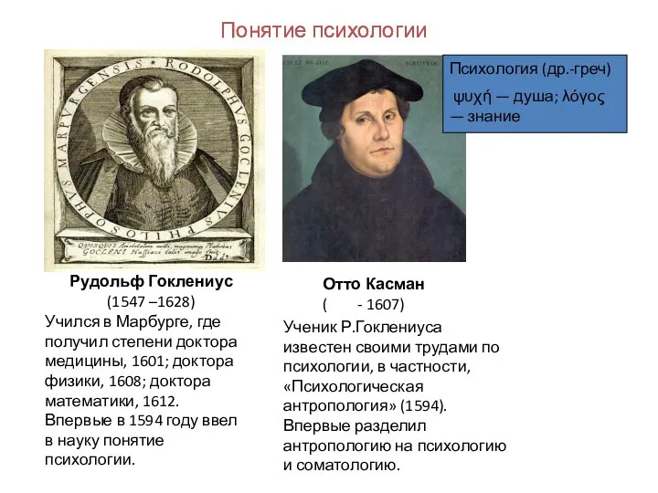 Понятие психологии Рудольф Гоклениус (1547 –1628) Отто Касман ( - 1607) Учился