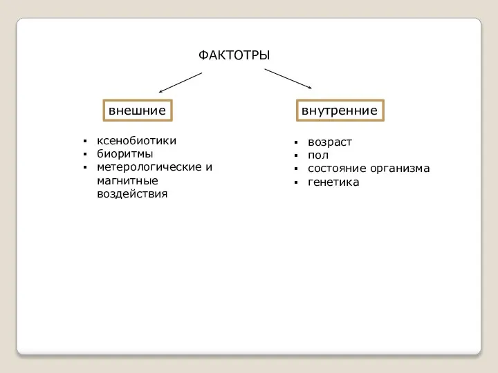 ФАКТОТРЫ внешние внутренние ксенобиотики биоритмы метерологические и магнитные воздействия возраст пол состояние организма генетика