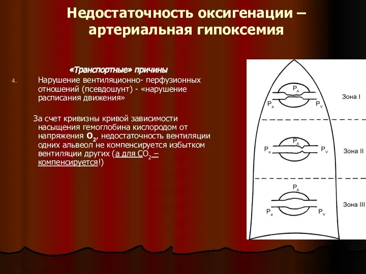 Недостаточность оксигенации – артериальная гипоксемия «Транспортные» причины Нарушение вентиляционно- перфузионных отношений (псевдошунт)