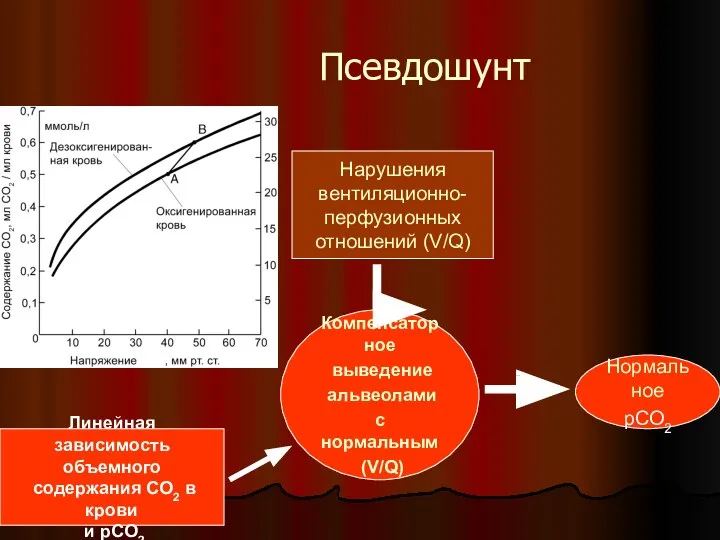 Псевдошунт Нарушения вентиляционно- перфузионных отношений (V/Q) Линейная зависимость объемного содержания СО2 в