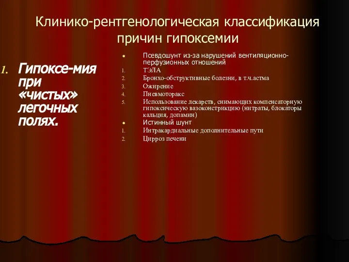 Клинико-рентгенологическая классификация причин гипоксемии Гипоксе-мия при «чистых» легочных полях. Псевдошунт из-за нарушений